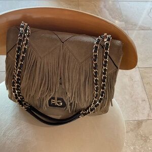 Purification Garcia Suede Chain Shoulder Bag- Tan with fringes